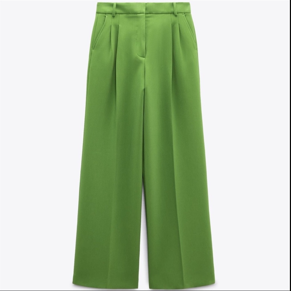 Zara green mid rise pleat suit pants
